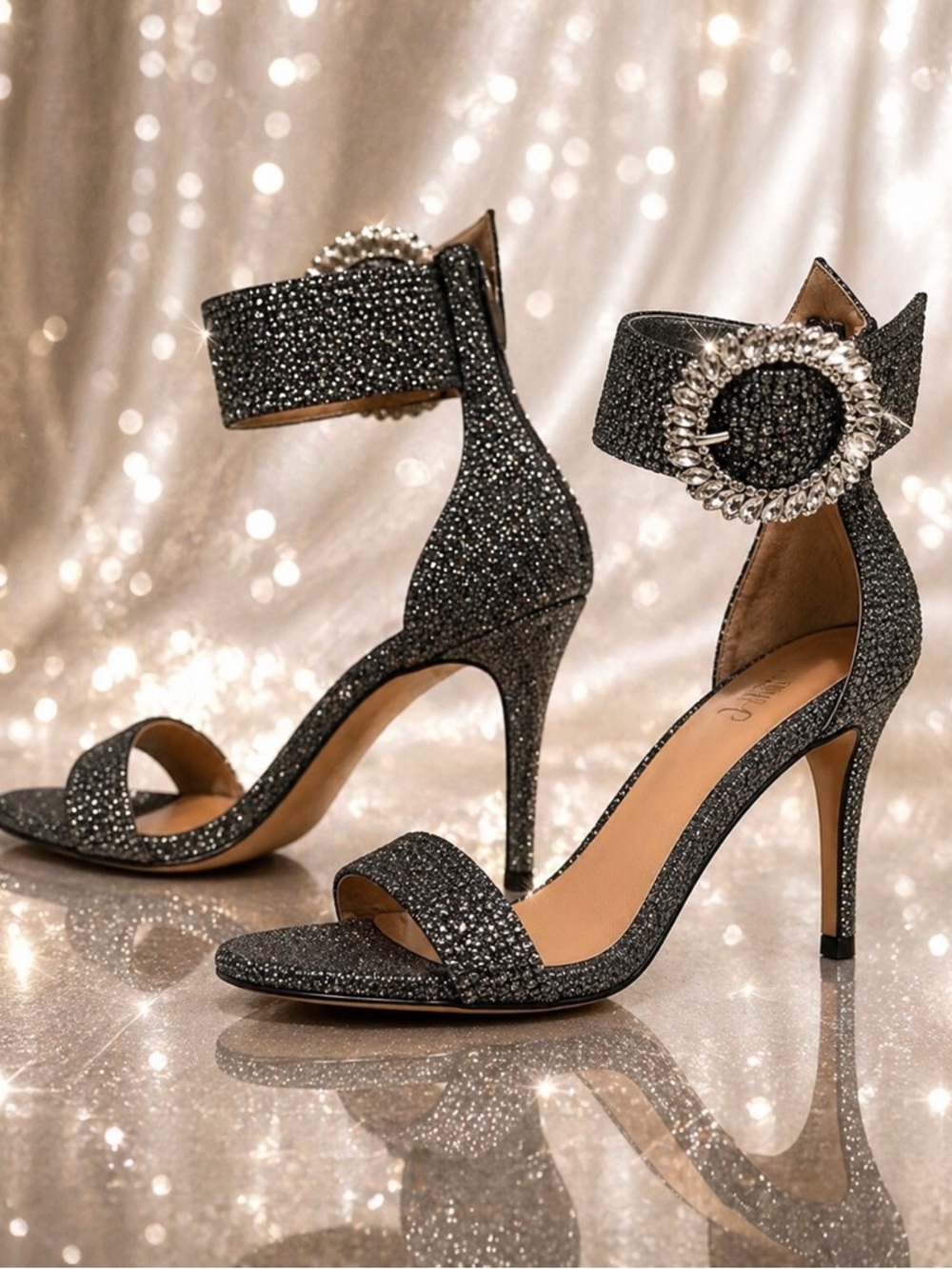 INC International Concepts Rhinestone Buckle Heels Sz 6 Dark Grey Glitter Heels